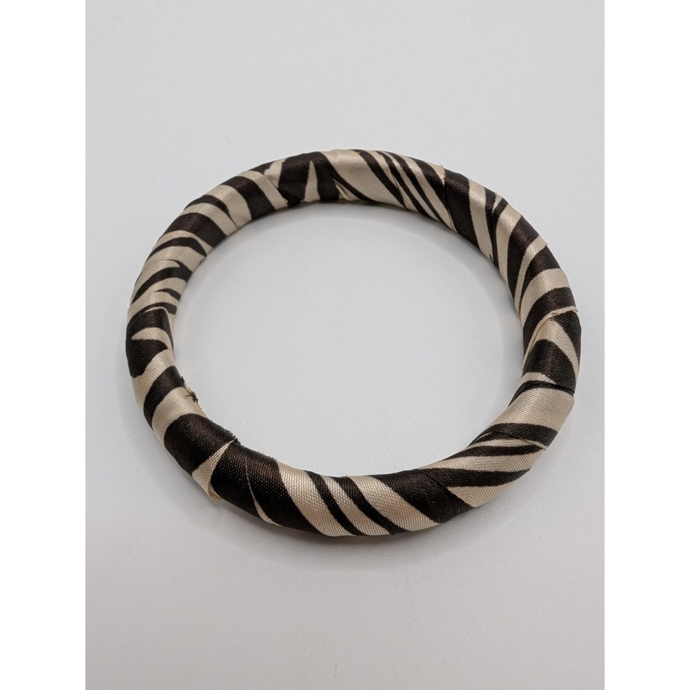 Zebra Print Satin Fabric Wrapped Bangle Bracelet Black Cream Statement Jewelry